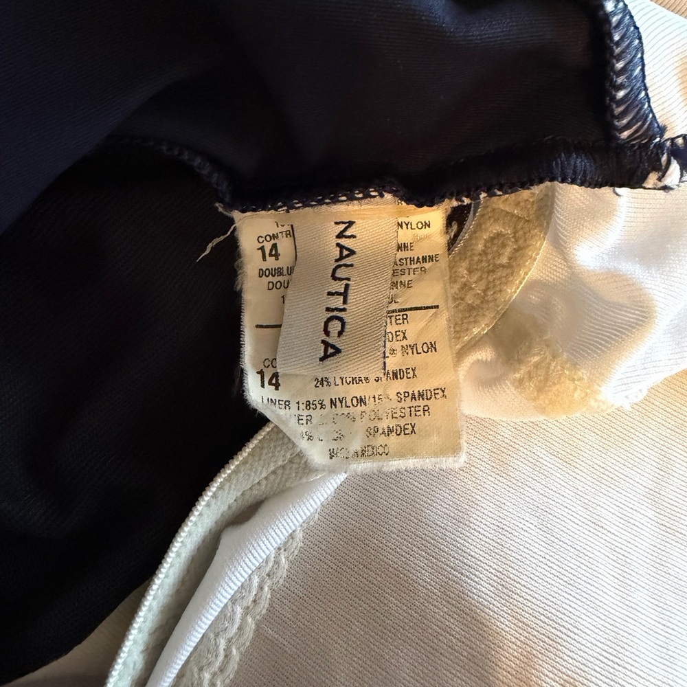 Nautica Navy One-Piece Swimsuit with Blue, Green & White Striped Size 14 - Picture 3 of 4